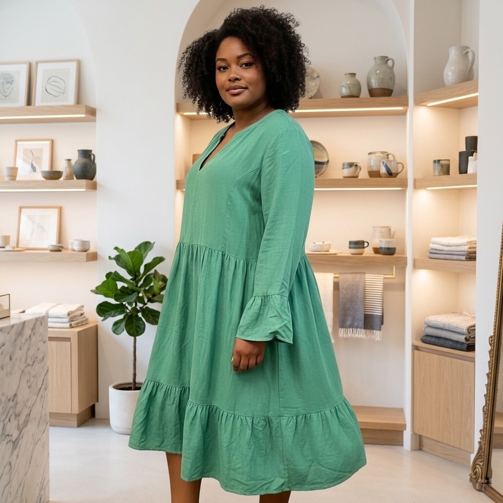 J.JILL Green Tiered Long Sleeve Dress 2X Linen Lagenlook Boho Casual Cottagecore
